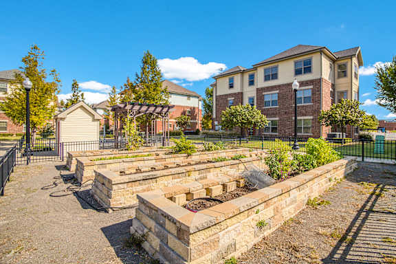 A community garden with raised beds and apartment buildings in the background.