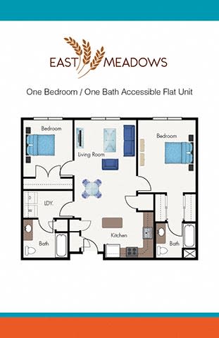 1 Bedroom 1 Bath Accessible Flat Unit-2D Floorplan-East Meadows San Antonio TX