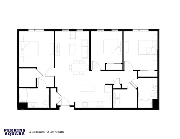 A floor plan of a 3 bedroom, 2 bathroom Perkins Square.