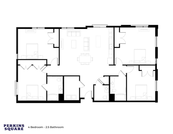 A floor plan of a 4 bedroom, 2.5 bathroom Perkins Square.