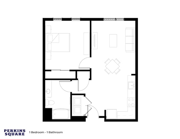 A floor plan of a one bedroom apartment with one bathroom.