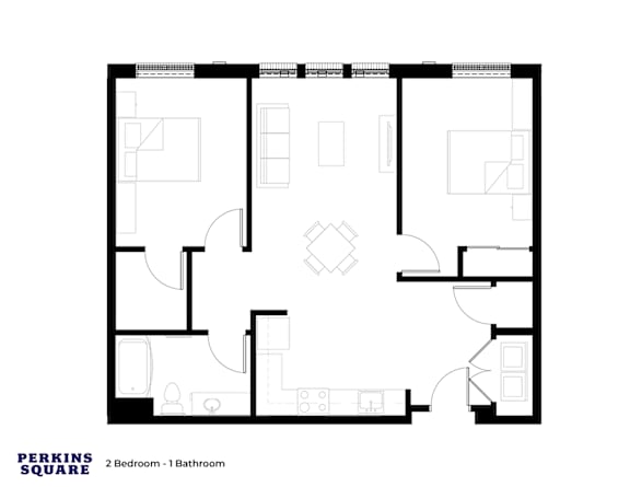 A floor plan of a 2 bedroom, 1 bathroom apartment in Perkins Square.