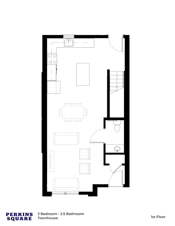 A floor plan of a 3 bedroom, 2.5 bathroom townhouse on the first floor.