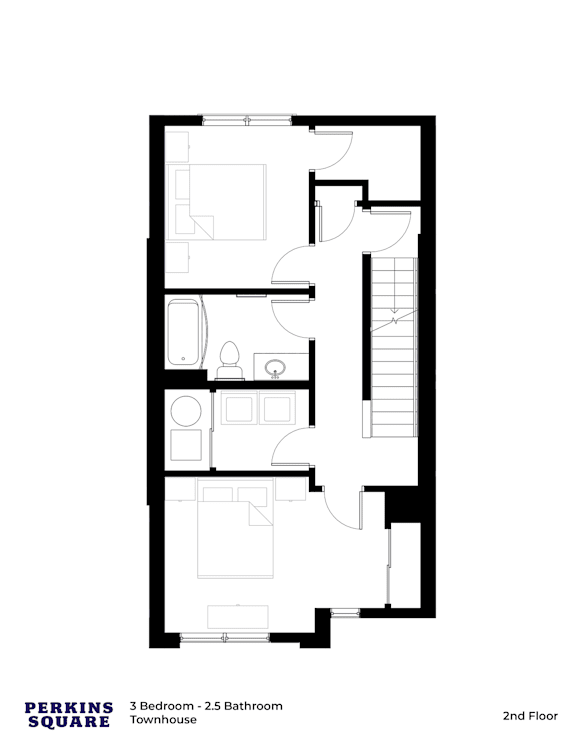 A floor plan of a 3 bedroom, 2.5 bathroom townhouse on the 2nd floor.