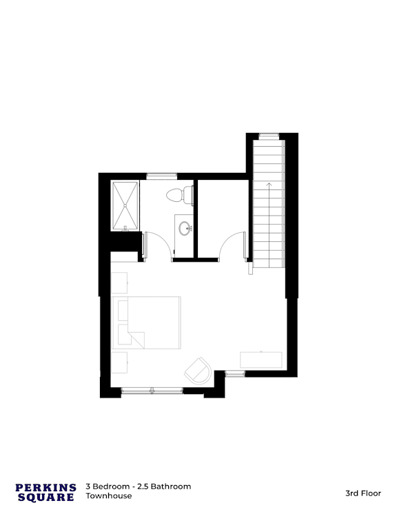 A floor plan of a 3 bedroom, 2.5 bathroom townhouse on the 3rd floor.