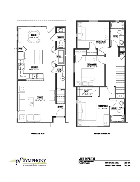 The Symphony Apartments, floor plan of a three bedroom 2 and a half bath townhouse
