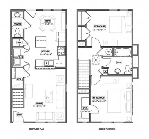 A floor plan of a two-story house with labeled rooms and dimensions.