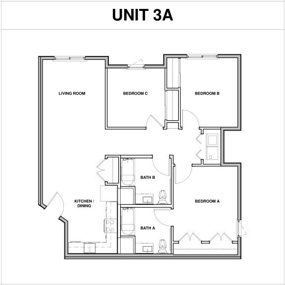 3 Bedroom 2 Bath 2D Floorplan 3A-Parque Vista, Los Angeles, CA