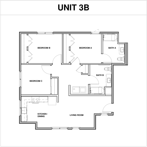 3 Bedroom 2 Bath 2D Floorplan 3B-Parque Vista, Los Angeles, CA