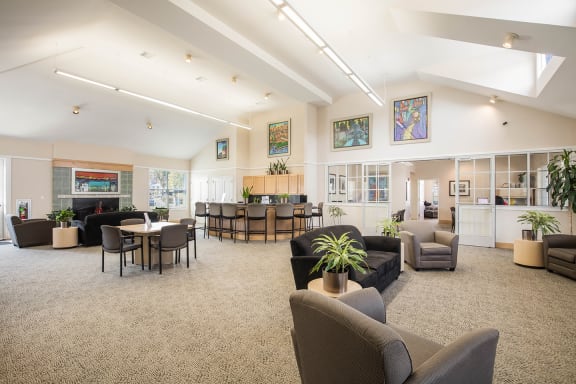 a large living room with couches and chairs and a table and chairs