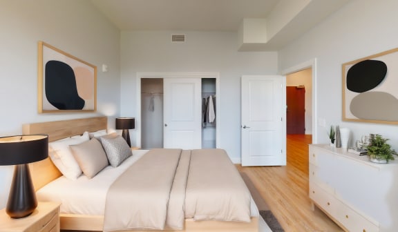 a bedroom with a bed and a dresser and a closet