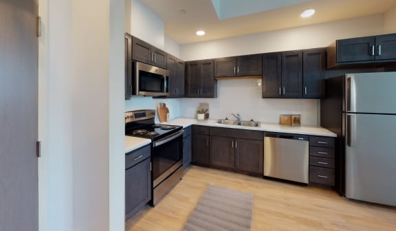 a kitchen with black cabinets and stainless steel appliances and a wood floor