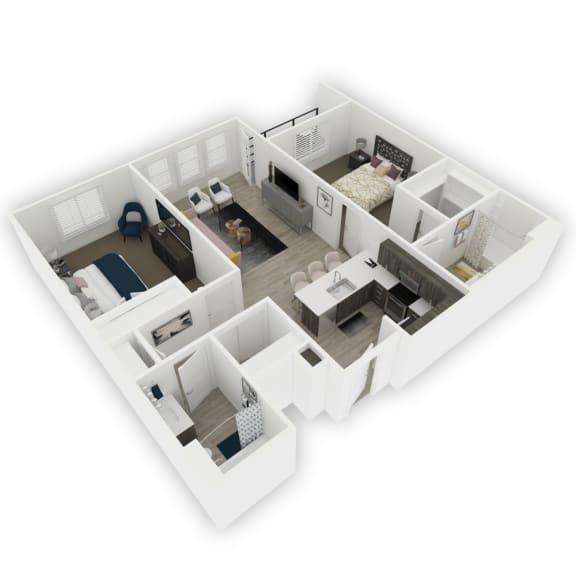Arden floor plan – 3D apartment layout featuring two bedrooms, open kitchen, living area, and private patio.