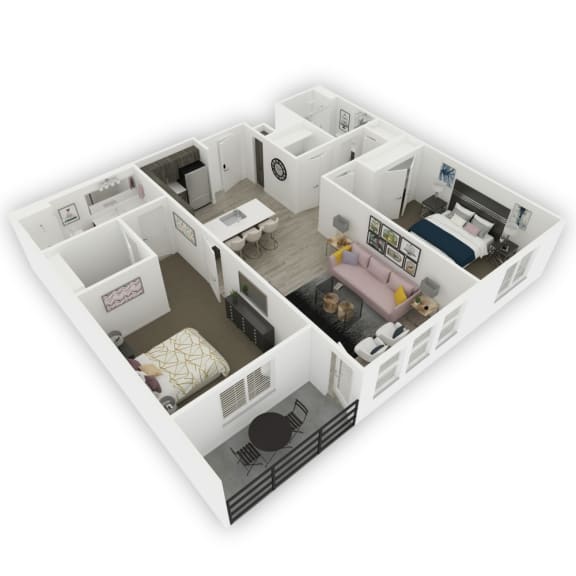 Arden floor plan – 3D layout of a two-bedroom apartment with open kitchen, living room, bathroom, and private balcony.