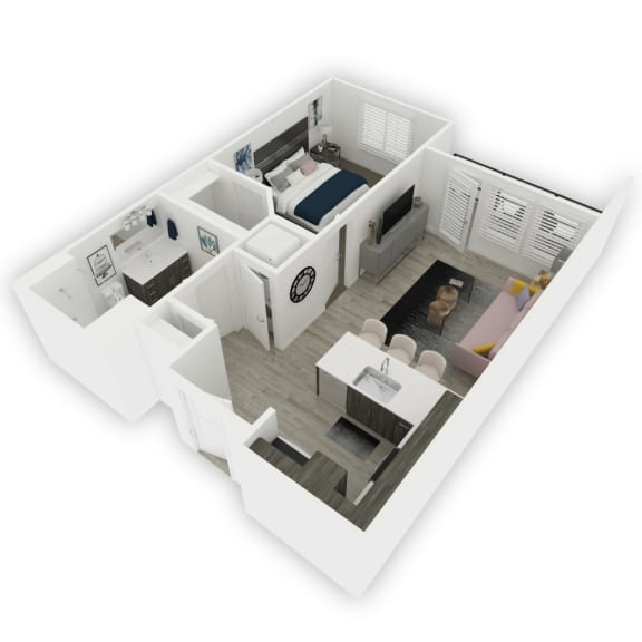 Image showing 3D apartment layout with open kitchen, living area, bedroom, and bathroom