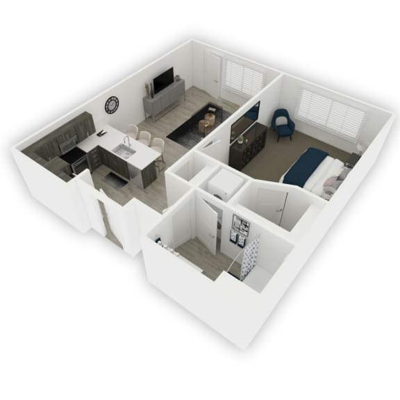 3D floor plan of a one-bedroom apartment interior layout