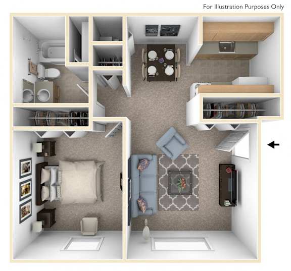 a stylized floor plan with a bedroom and living room
