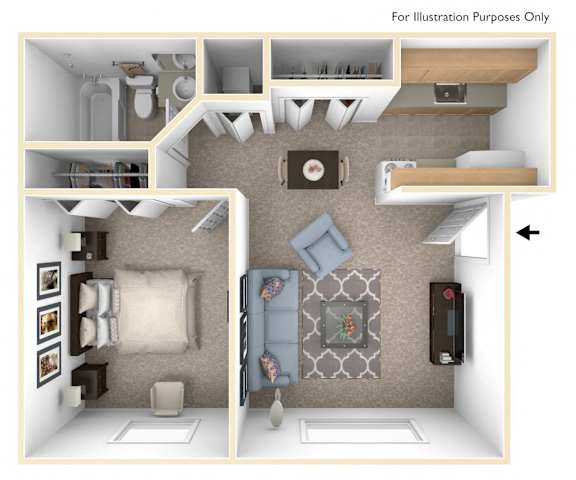 a stylized floor plan with a bedroom and a living room