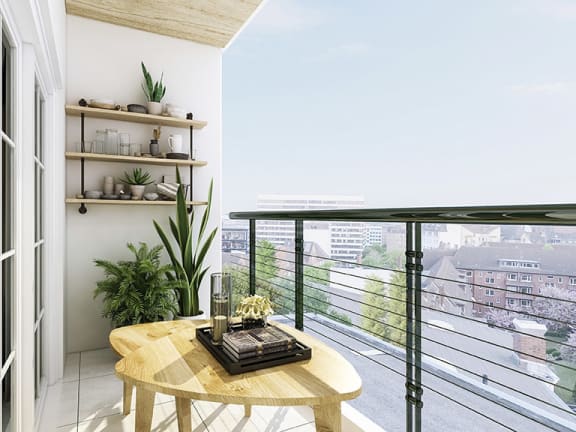 Modern balcony design, coffee table, green plants and glass railings