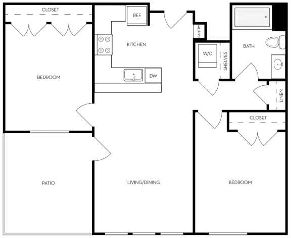Two-bedroom apartment floor plan with central kitchen, spacious living/dining area, private patio, in-unit washer/dryer, and ample storage.