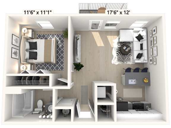 a 1 bedroom floor plan with a bathroom and a living room