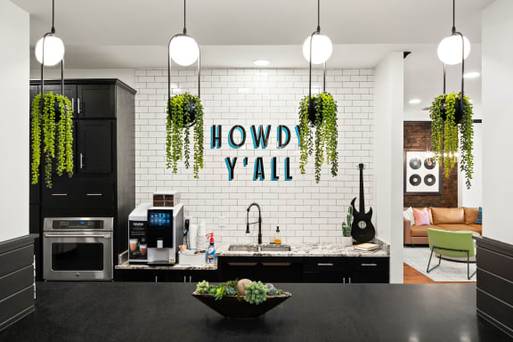 a kitchen with plants on the wall and a howdy yall sign