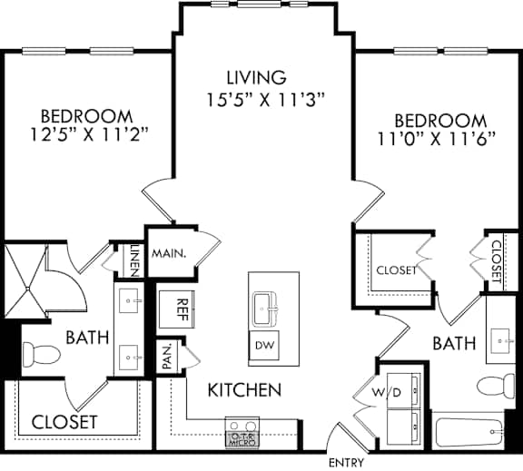 A black and white image of a floor plan for a living space.