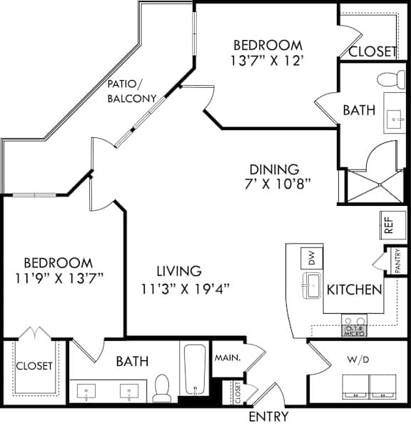 A black and white image of a floor plan for a home with a living room, dining room, kitchen, and two bedrooms.