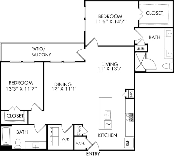 A black and white floor plan of a house with a living room, dining room, kitchen, and three bedrooms.