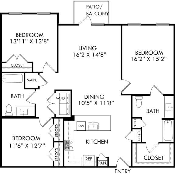 A black and white image of a house floor plan with a living room, two bedrooms, a kitchen, a dining room, a bathroom, a patio/balcony, and an entry.