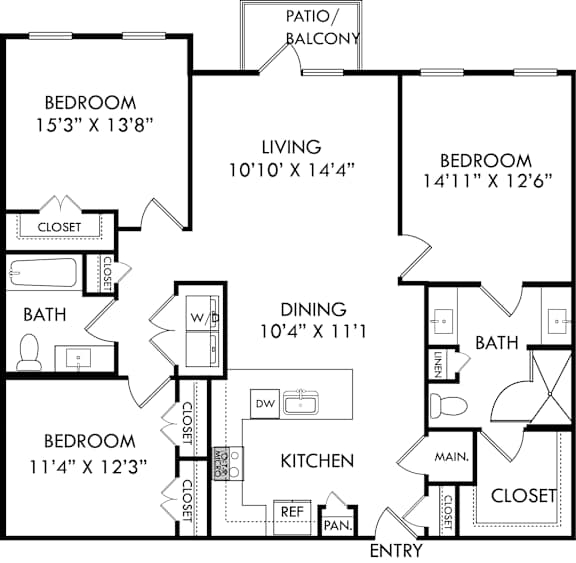 A black and white image of a house floor plan with a living room, dining room, kitchen, and three bedrooms.