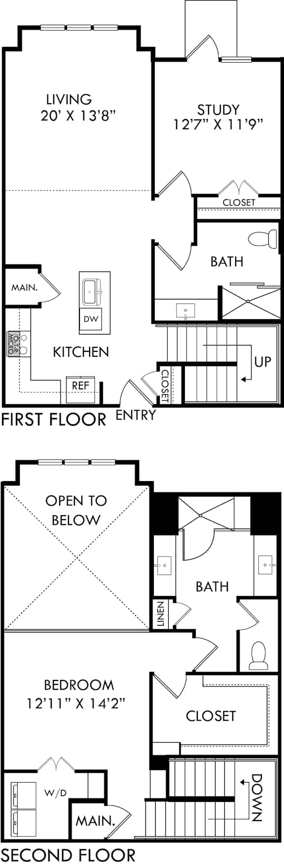 A set of four house floor plans showing a living room, study, first floor entry, and second floor bedroom.