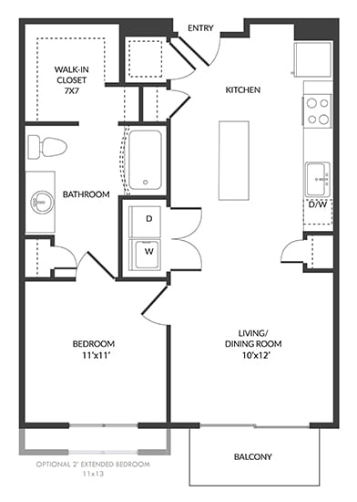 1 Bedroom floorplan with kitchen island, pantry, W/D, Living Room, Bedroom, Bathroom and large Walk-in Closet. Patio/Balcony. optional 2' extended bedroom.