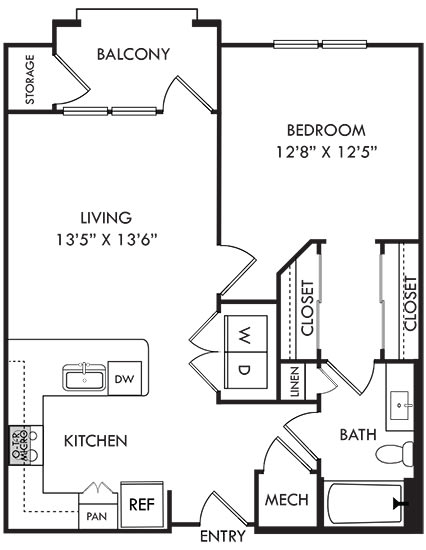 one bedroom one bath floorplan. entry open to u-shaped kitchen with peninsula. laundry next to Kitchen. Kitchen overlooks living room. Bedroom with walk-in closet that leads to bathroom. Balcony off of living room.