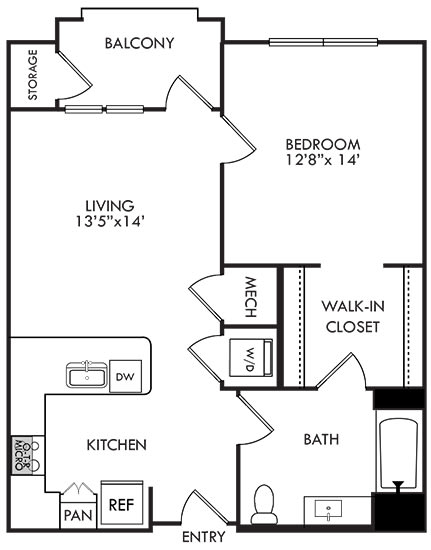 1 bedroom 1 bath floorplan. entry open to u-shaped kitchen with peninsula. w/d off of kitchen. bathroom located off of kitchen. bathroom connected to bedroom by walk-in closet. Balcony located off a living area.