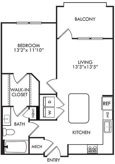 1 bedroom 1 bath floorplan. entry open to l-shaped kitchen with island. w/d in kitchen. bath with linen closet opens to kitchen and also connected to bedroom by walk-in closet. Balcony entrance off of living room.