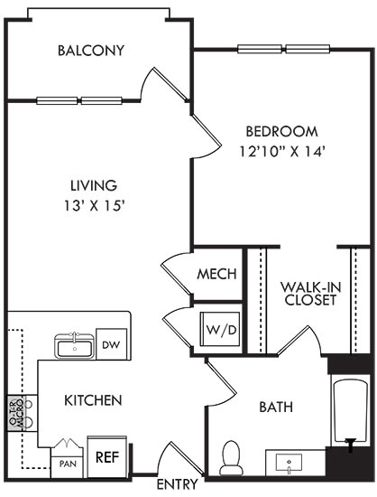 1 bedroom 1 bath floorplan. entry open to u-shaped kitchen with peninsula. w/d off of kitchen. bathroom located off of kitchen. bathroom connected to bedroom by walk-in closet. Balcony located off a living area.