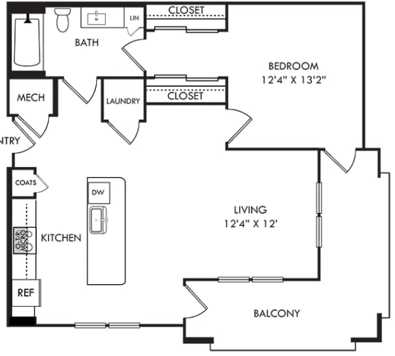 1 bedroom 1 bath floorplan. Entry opens to kitchen with island overlooking living area. Bedroom with hallway closets leading to bathroom. Laundry off of kitchen. wrap around balcony entrances off of living area and bedroom.