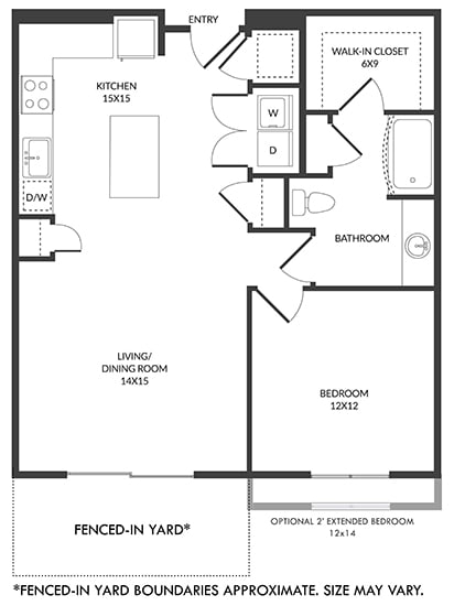 1 bedroom floorplan with L-shaped Kitchen and Island. Pantry, Living/Dining Area, Bedroom and bathroom with Bath/Shower and Walk-in Closet. Fenced-in YardOptional 2 ft extended bedroom