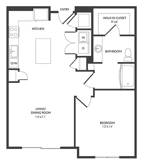 1 bedroom floorplan with L-shaped Kitchen and Island. Pantry, W/D Closet, Living/Dining Area, Bedroom and bathroom with bathtub and Walk-in Closet.