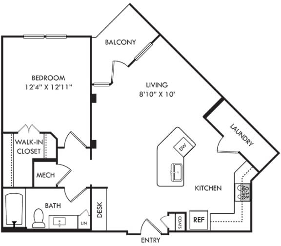 1 bedroom 1 bath floorplan. entry open to kitchen with island. Built-in desk at entry.kitchen open to living room. balcony off of living room.