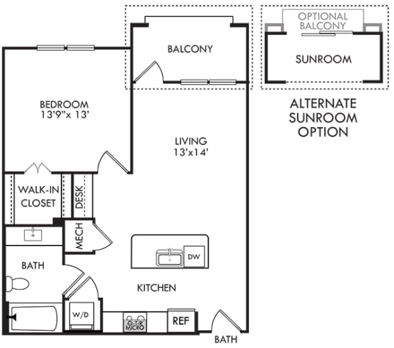 1 bedroom 1 bath floorplan. entry opens to kitchen with island. Laundry in kitchen. Bathroom next to laundry. Kitchen overlooks living area with built-in desk with shelving. bedroom has walk-in closet. Balcony or option of Sunroom with optional balcony.