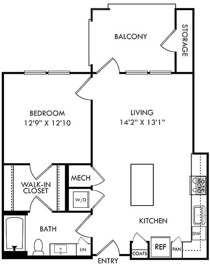 1 bedroom 1 bath floorplan. entry open to kitchen with island and pantry. w/d in kitchen. bath open to L-shaped kitchen and also connected to bedroom by walk-in closet. Balcony with storage.