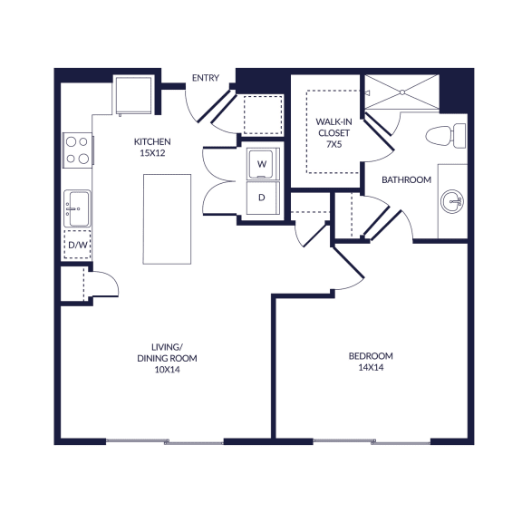 1 bedroom floorplan with L-shaped Kitchen and Island. Pantry, Living/Dining Area, Bedroom and bathroom with Shower and Walk-in Closet