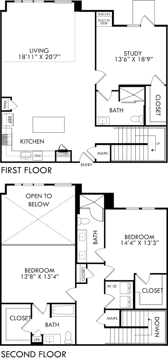 Two floor plan of a house with living room, study, bedrooms and bathrooms.