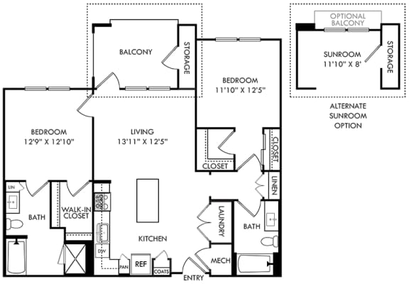 2 bedroom 2 bath floorplan. Entry open to l-shaped kitchen with island overlooking living area. bedrooms on opposite sides of floorplan. primary bathroom has standalone shower. balcony entrance off a living room. Optional sunroom layout with optional balcony. Balcony Storage area included on all Rome floorplans.