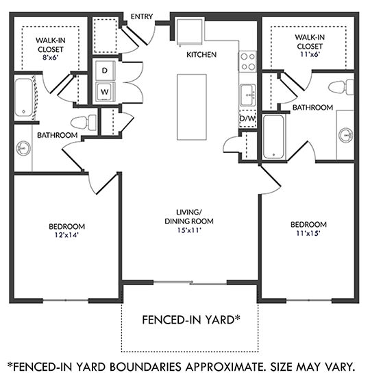 2 bedroom 2 bath floorplan with l-shaped kitchen and island. wld closet, dining area and living area. large walk-in closets. Fenced-in Yard