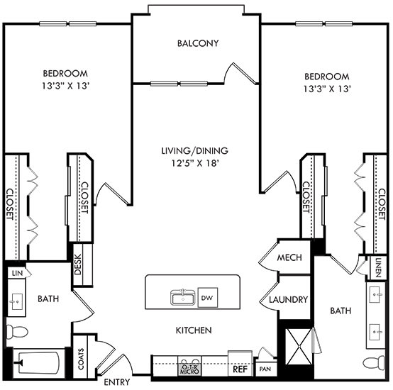 2 bedroom 2 bath floorplan entry open to kitchen with island overlooking living area. bedrooms on opposite sides of floorplan. primary bath with double sink vanity and standalone shower. Balcony off of living room area.