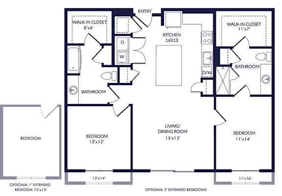 A black and white floor plan of a house with two optional bedrooms.