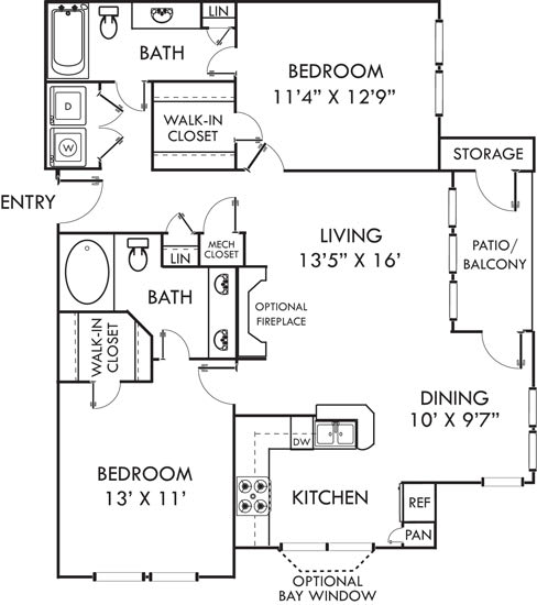 A floor plan of a home with a living room, dining room, kitchen, two bedrooms, and a bathroom.